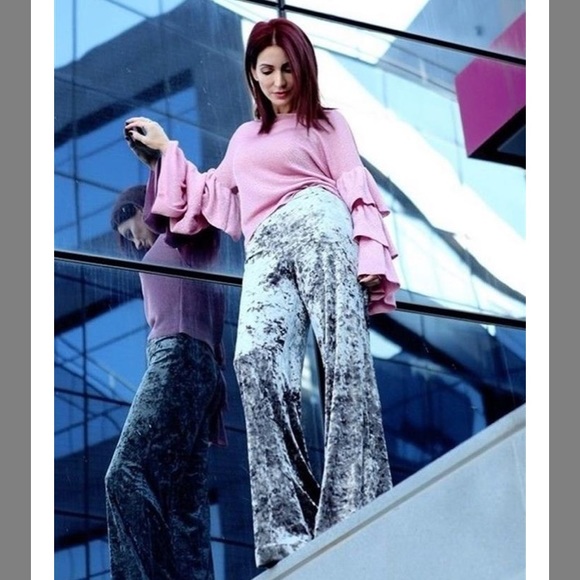 NWT Zara Silver Crush velvet wide leg flare pants - Picture 3 of 7